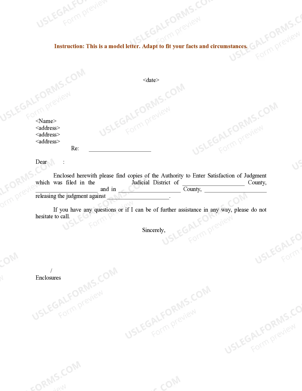 Sample Letter for Authority to Enter Satisfaction of Judgment Thumbnail