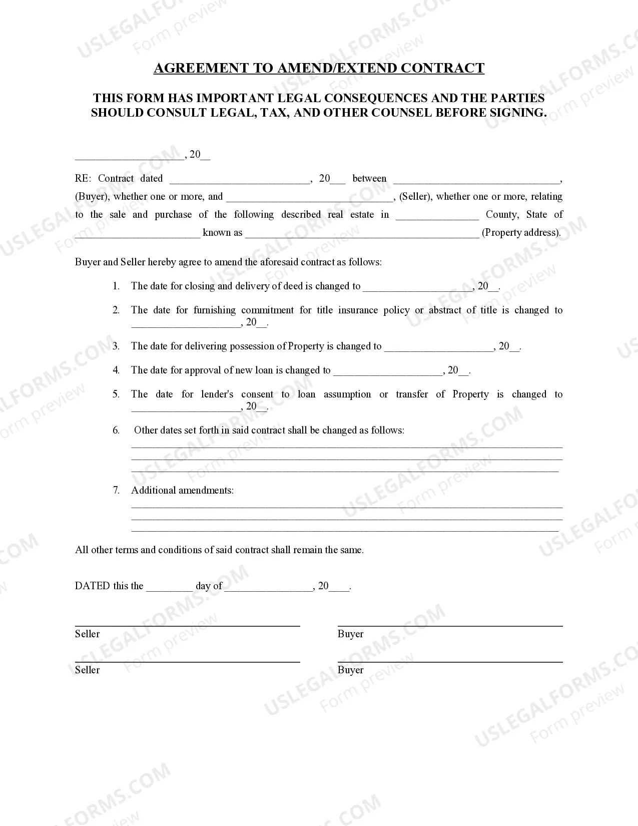 Agreement to Extend or Amend Contract for the Sale and Purchase of Real Estate Thumbnail