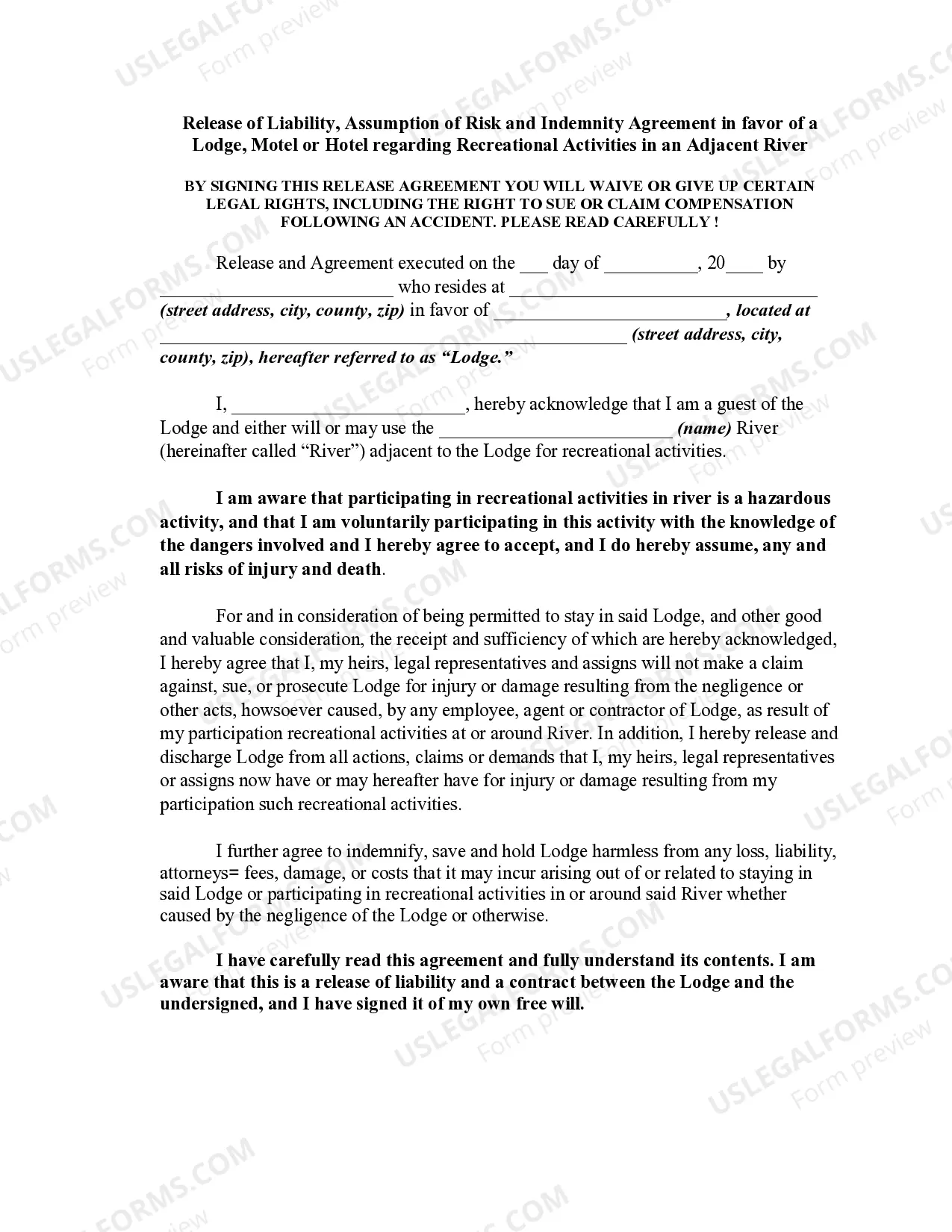 Release, Waiver of Liability, Assumption of Risk and Indemnity Agreement in favor of a Lodge, Motel or Hotel regarding Recreational Activities in an Adjacent River Thumbnail