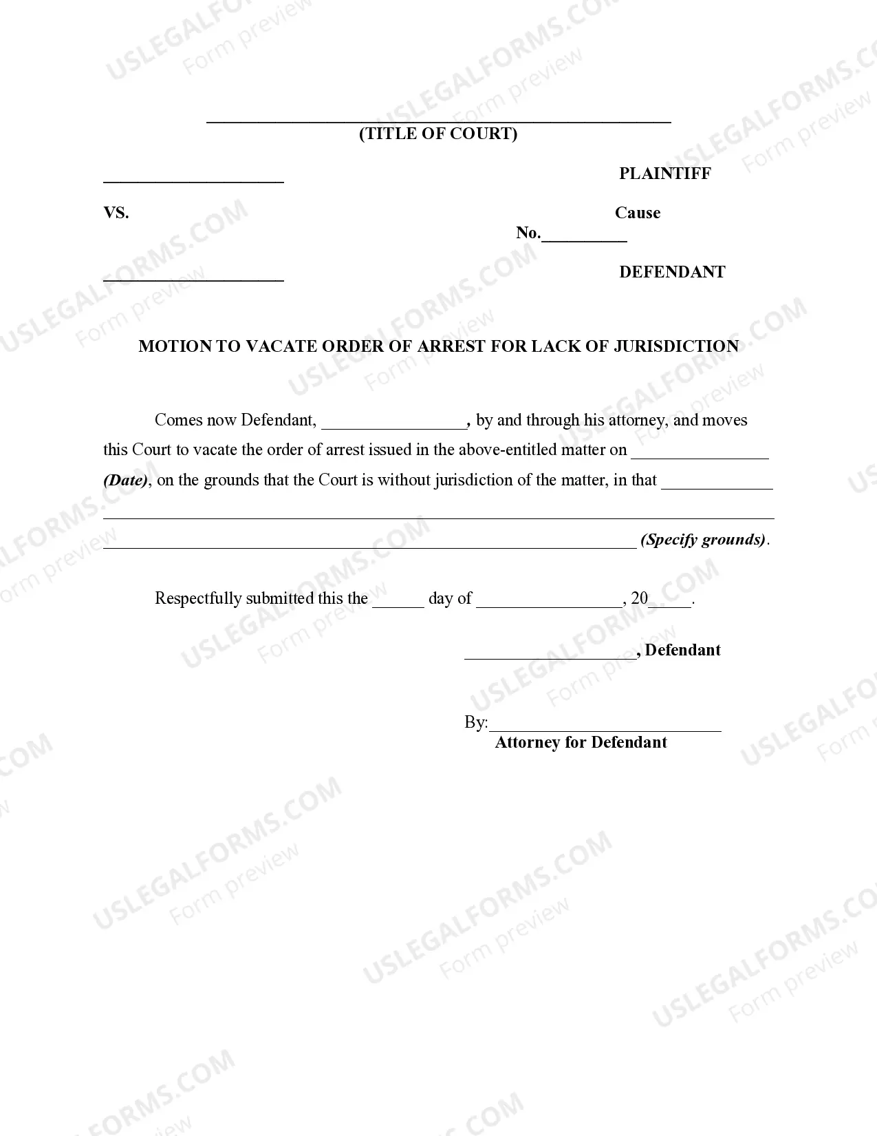 Motion to Vacate Order of Arrest for Lack of Jurisdiction Thumbnail