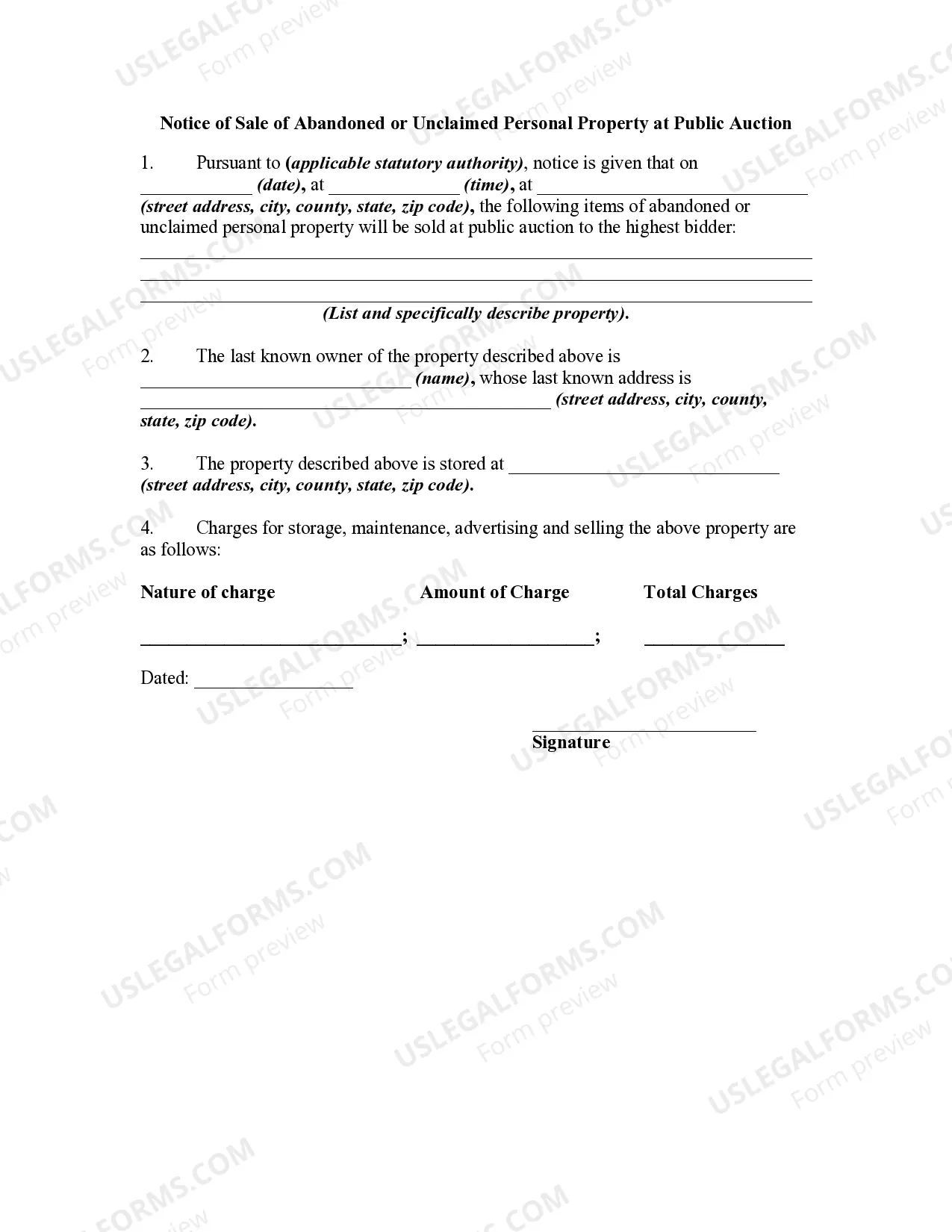Notice of Sale of Abandoned or Unclaimed Personal Property at Public Auction - Abandonment Thumbnail