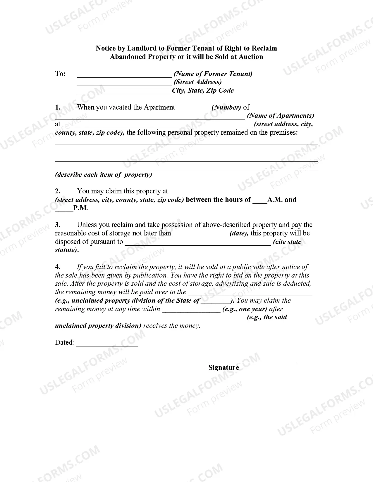Notice by Landlord to Former Tenant of Right to Reclaim Abandoned Property or it will be Sold at Auction - Abandonment Thumbnail