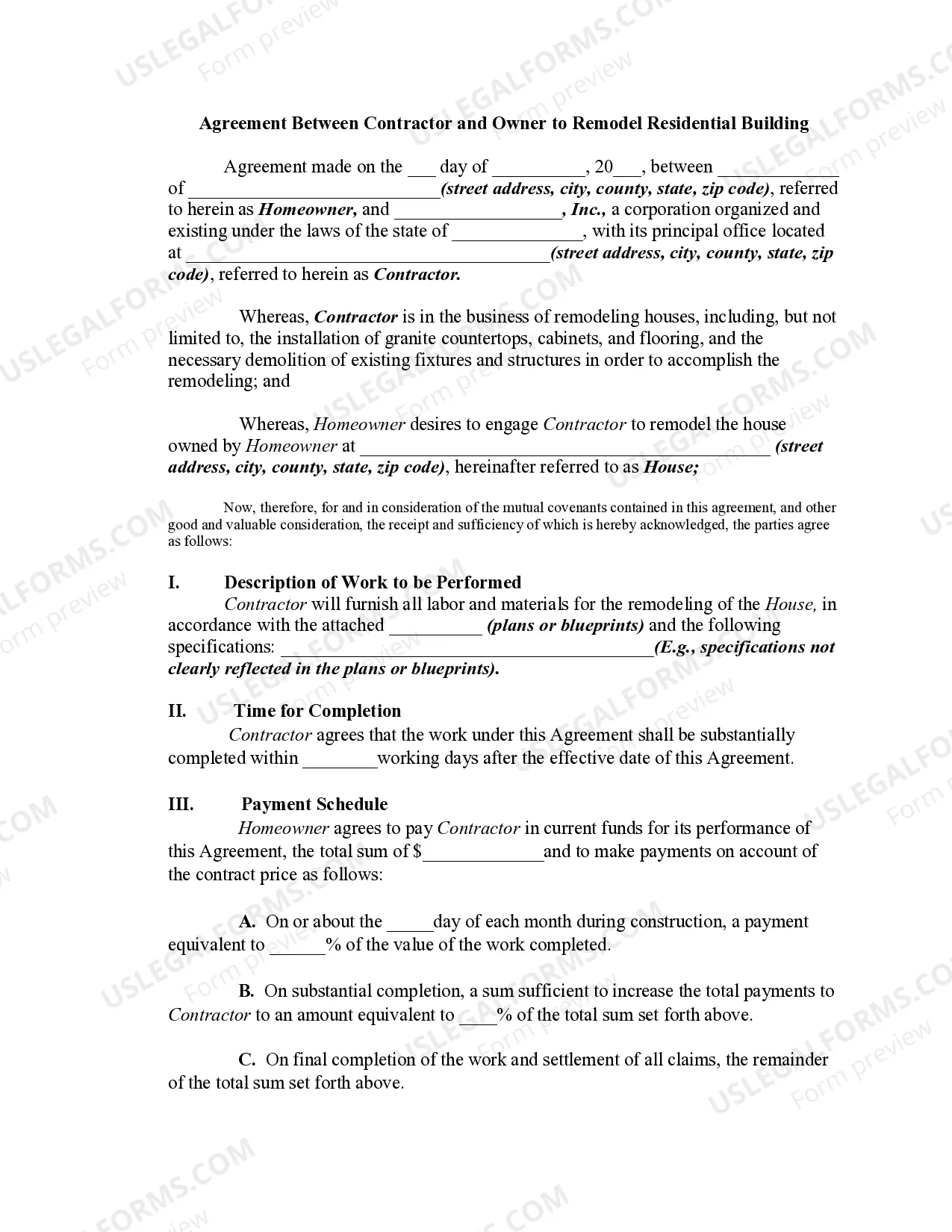 Agreement Between Contractor and Owner to Remodel Residential Building Thumbnail