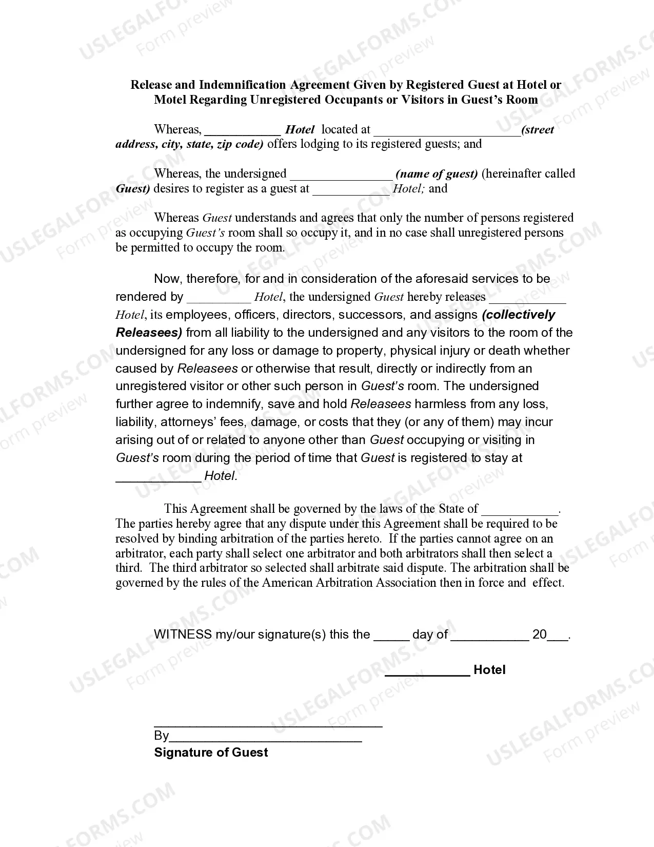 Release and Indemnification Agreement Given by Registered Guest at Hotel or Motel Regarding Unregistered Occupants or Visitors in Guest's Room Thumbnail