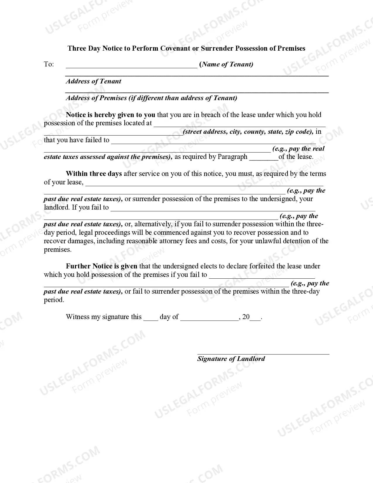 Three Day Notice to Perform Covenant or Surrender Possession of Premises - Vacate - Past Due Rent - Eviction Thumbnail