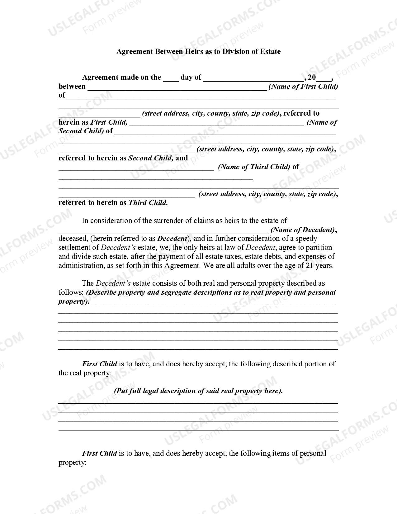 Agreement Between Heirs as to Division of Estate Thumbnail