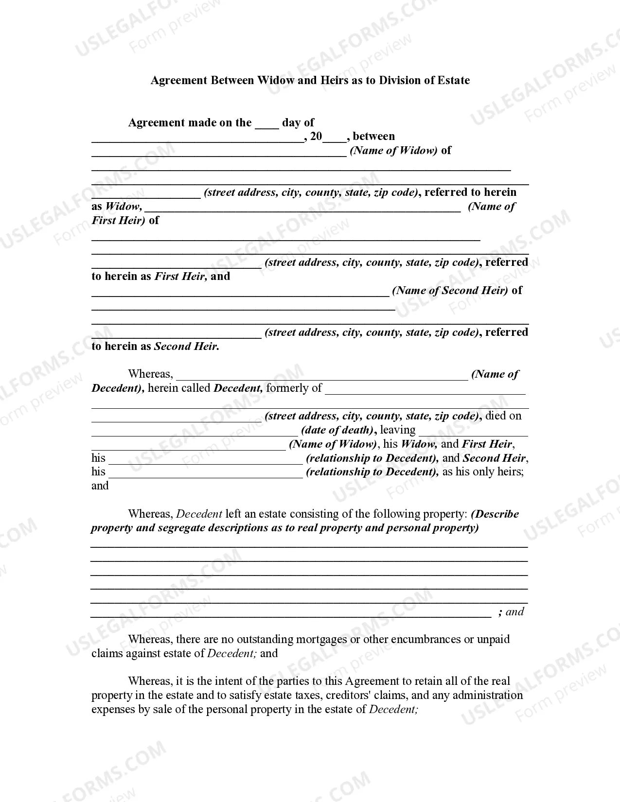 Agreement Between Widow and Heirs as to Division of Estate Thumbnail