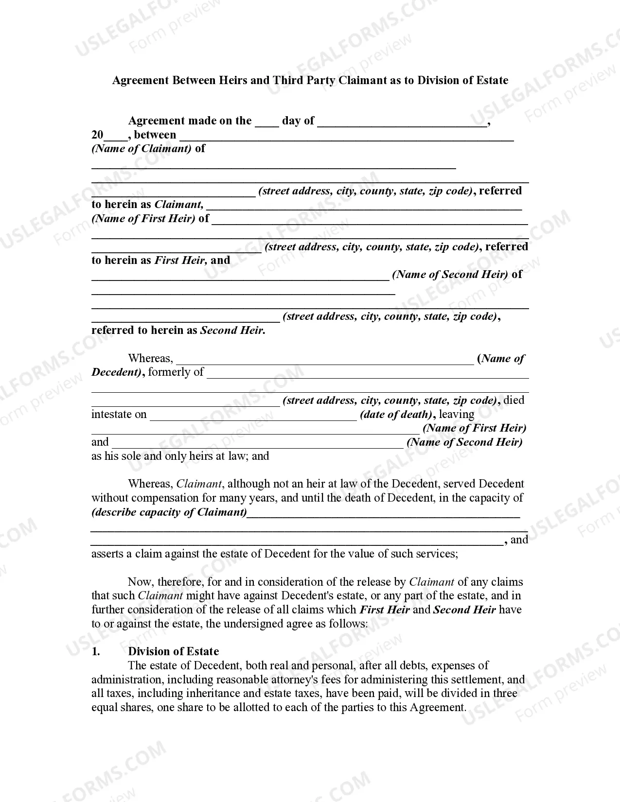 Agreement Between Heirs and Third Party Claimant as to Division of Estate Thumbnail