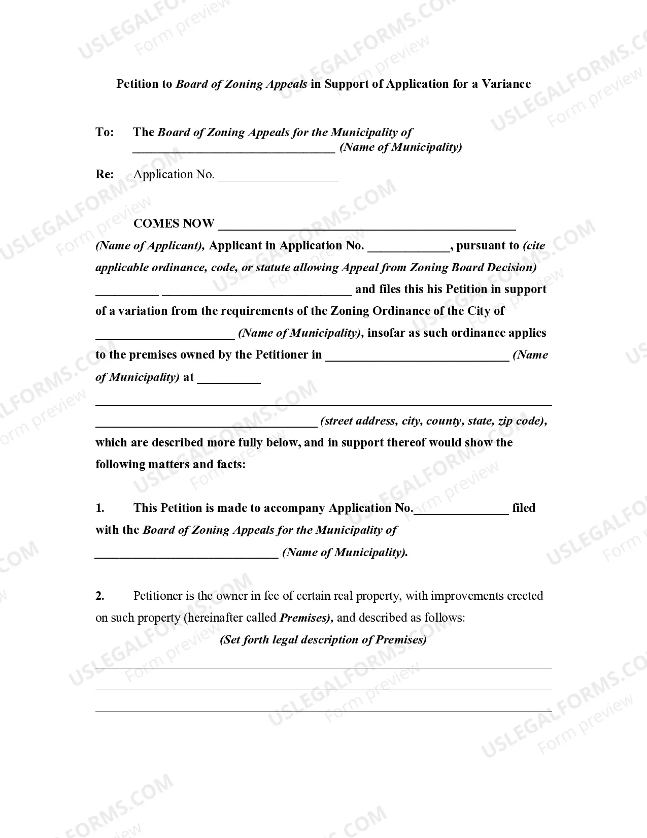Petition to Board of Zoning Appeals in Support of Application for a Variance Thumbnail