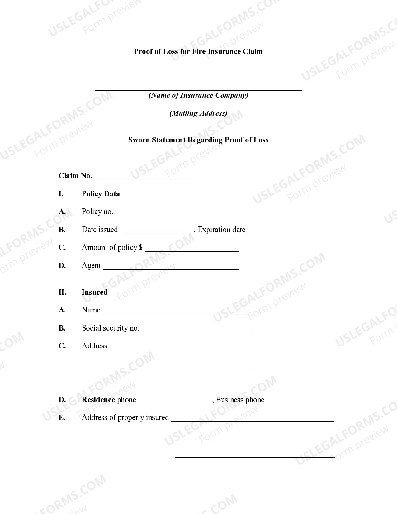 Proof of Loss for Fire Insurance Claim Thumbnail