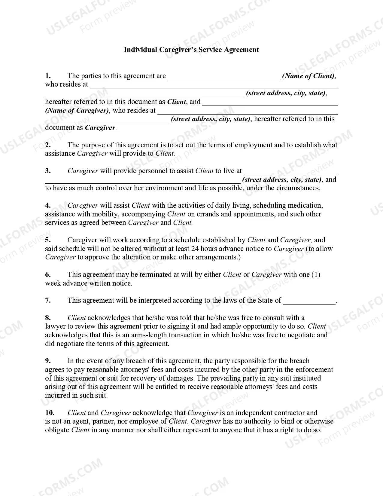 Individual Personal Care Service Agreement - Caregiver for Elderly or Disabled - Consent Thumbnail