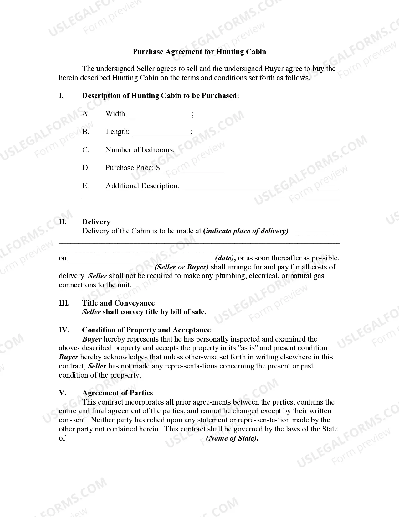 Purchase Agreement for Hunting Cabin Thumbnail