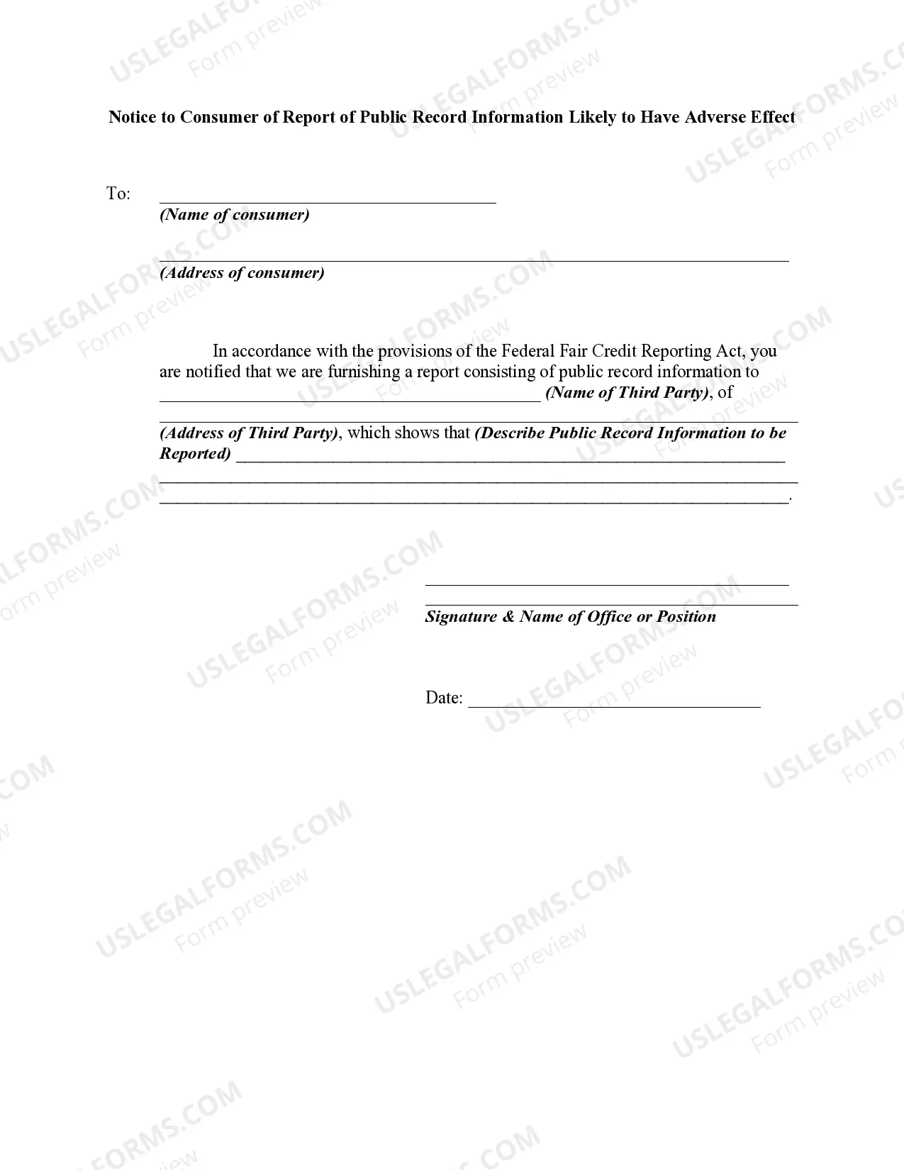 Notice to Consumer of Report of Public Record Information Likely to Have Adverse Effect Thumbnail