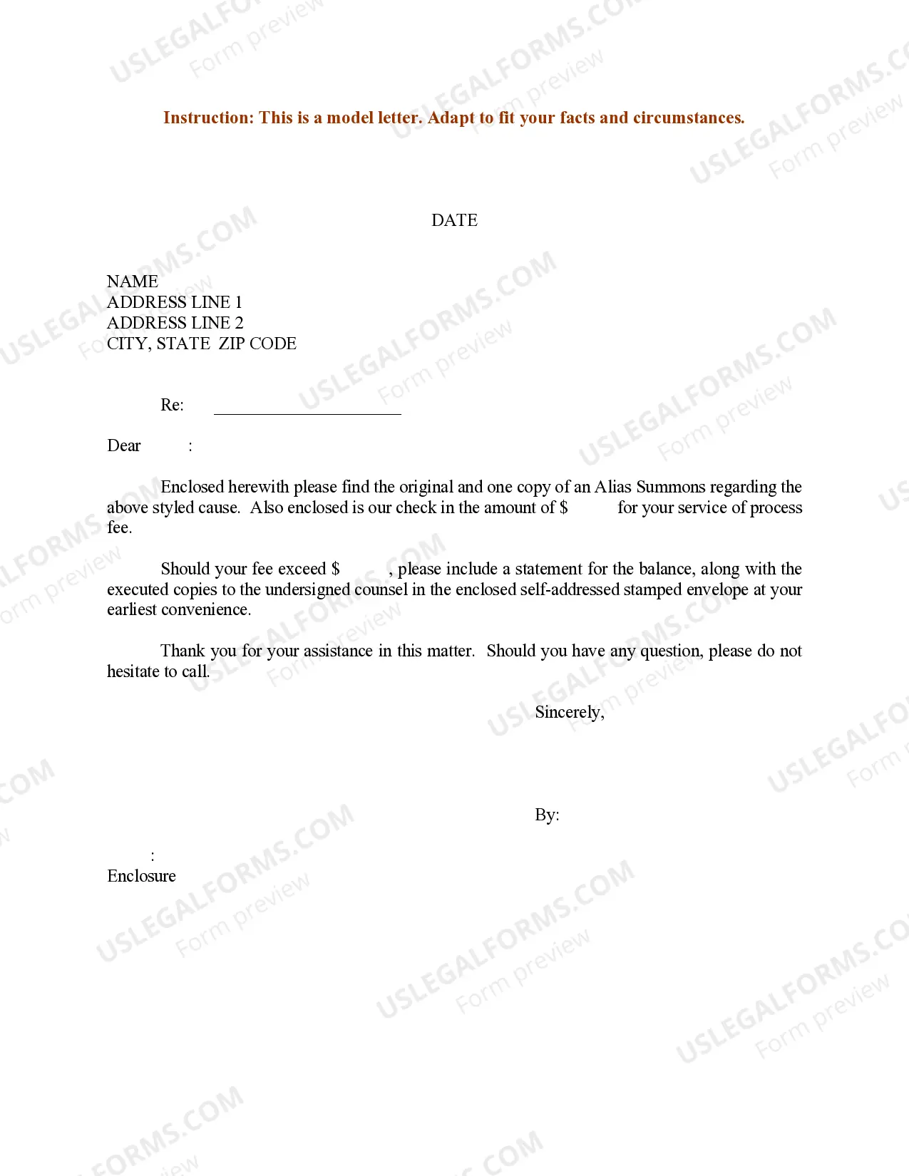 Sample Letter for Alias Summons and Service of Process Fee Thumbnail