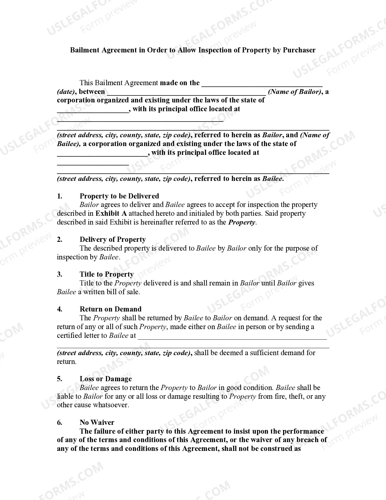 Bailment Agreement in Order to Allow Inspection of Property by Purchaser Thumbnail