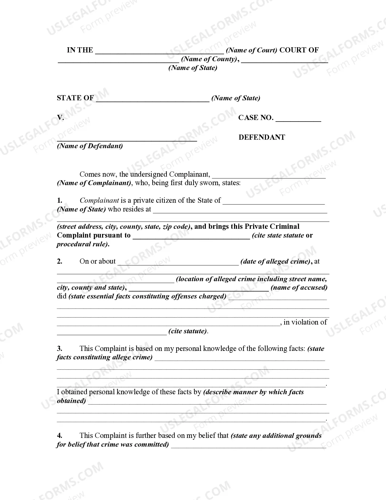 Private Criminal Complaint for Arrest Warrant and/or Summons Thumbnail