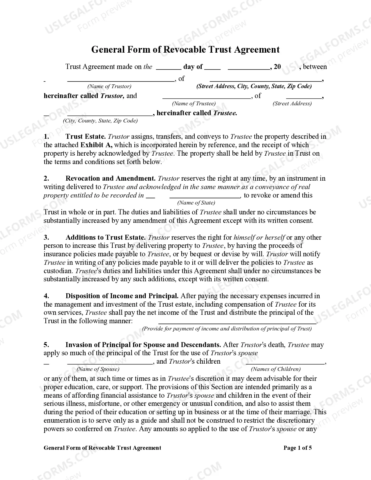 General Form of Revocable Trust Agreement Thumbnail