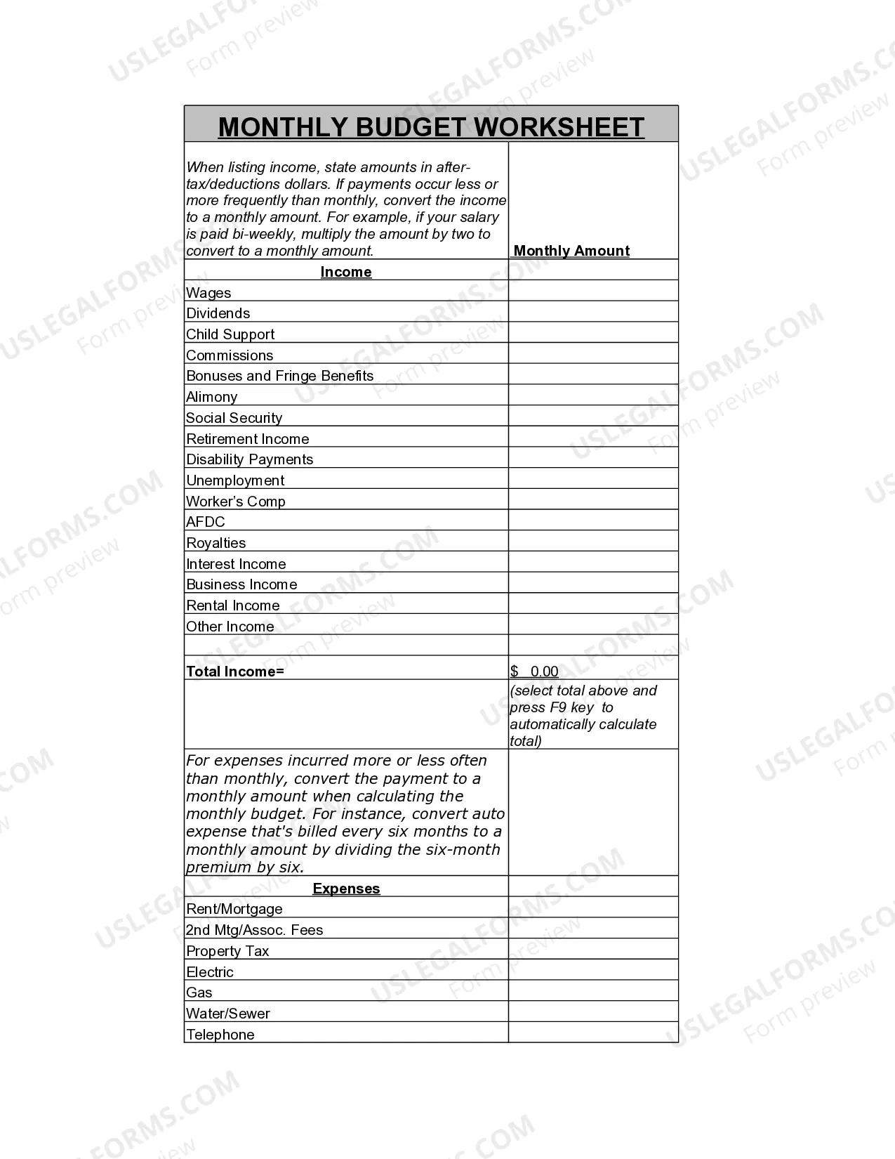 Personal Monthly Budget Worksheet Thumbnail