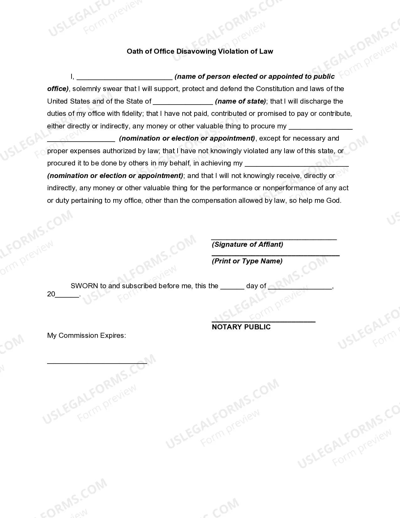 Oath of Office Disavowing Violation of Law Thumbnail