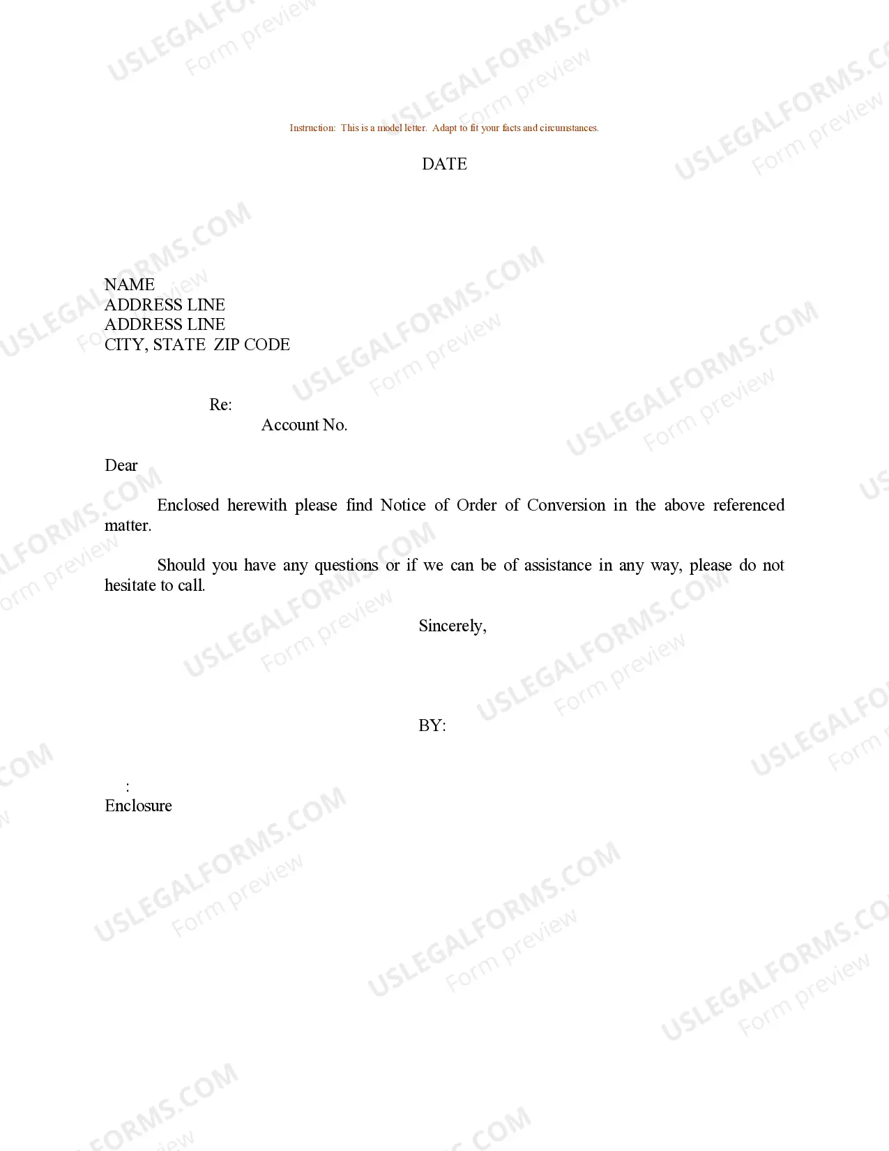 Sample Letter for Notice of Order of Conversion Thumbnail