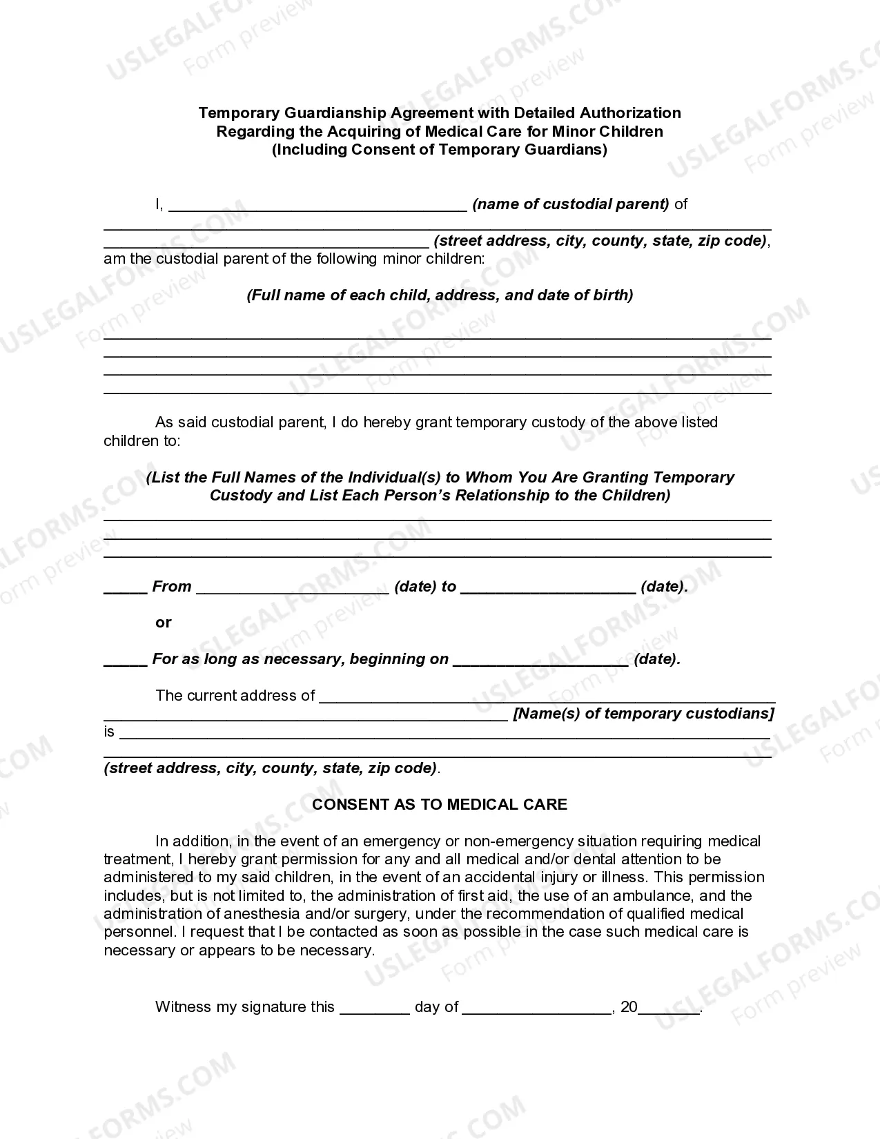 Temporary Guardianship Agreement with Detailed Authorization Regarding the Acquiring of Medical Care for Minor Children - Including Consent of Temporary Guardians Thumbnail