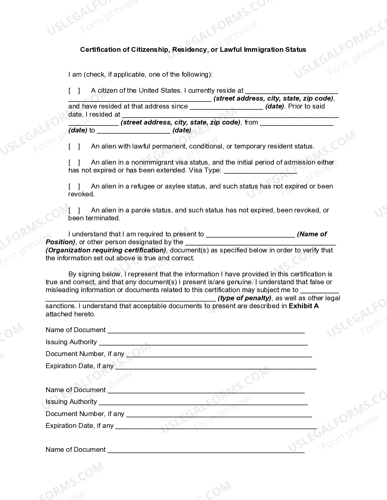 Certification of Citizenship, Residency, or Lawful Immigration Status Thumbnail