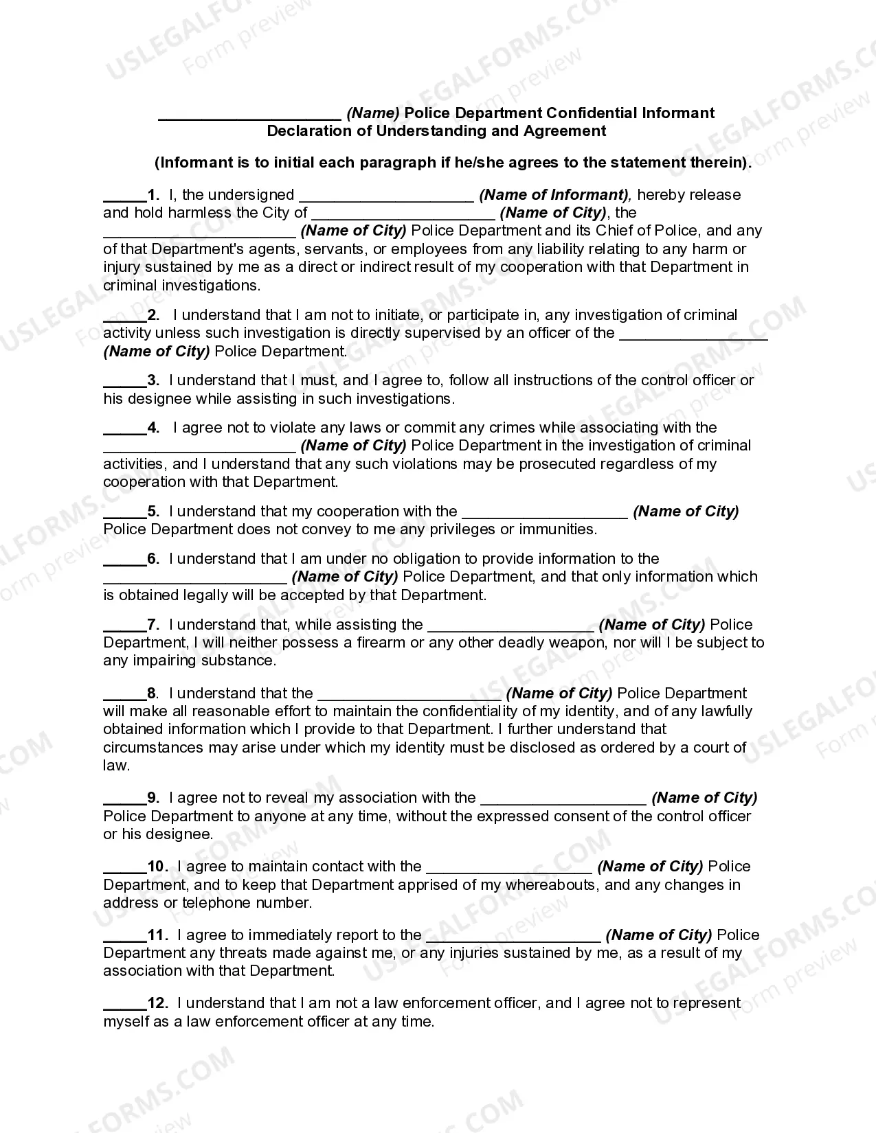 Police Department Confidential Informant Declaration of Understanding and Agreement Thumbnail