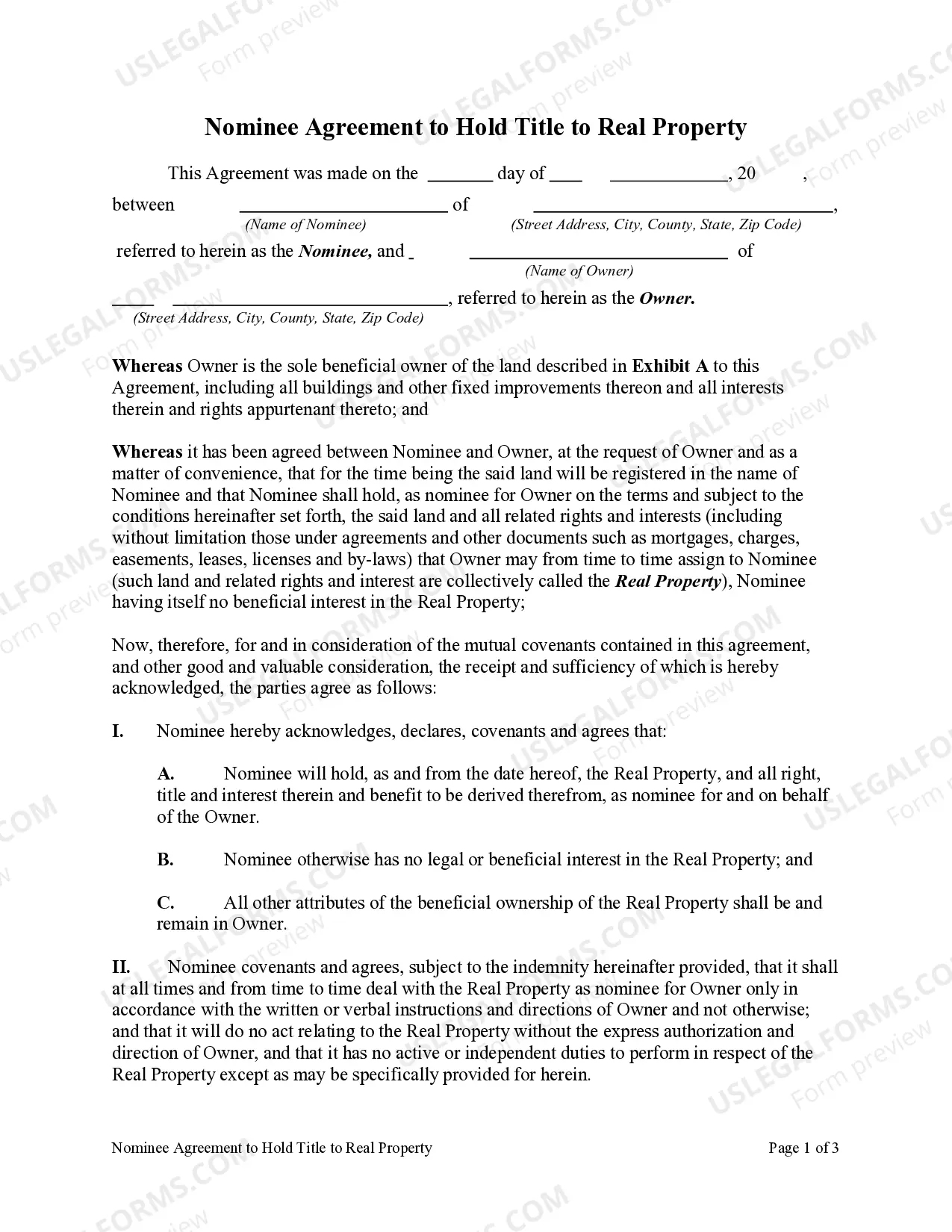 Nominee Agreement to Hold Title to Real Property Thumbnail