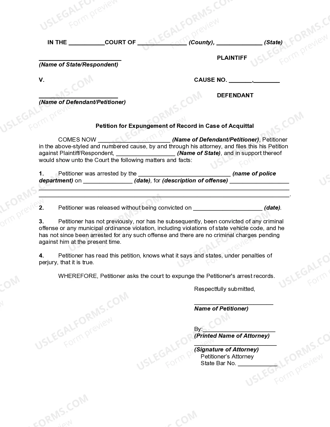 Petition for Expungement of Record in Case of Acquittal and Release without Conviction Thumbnail