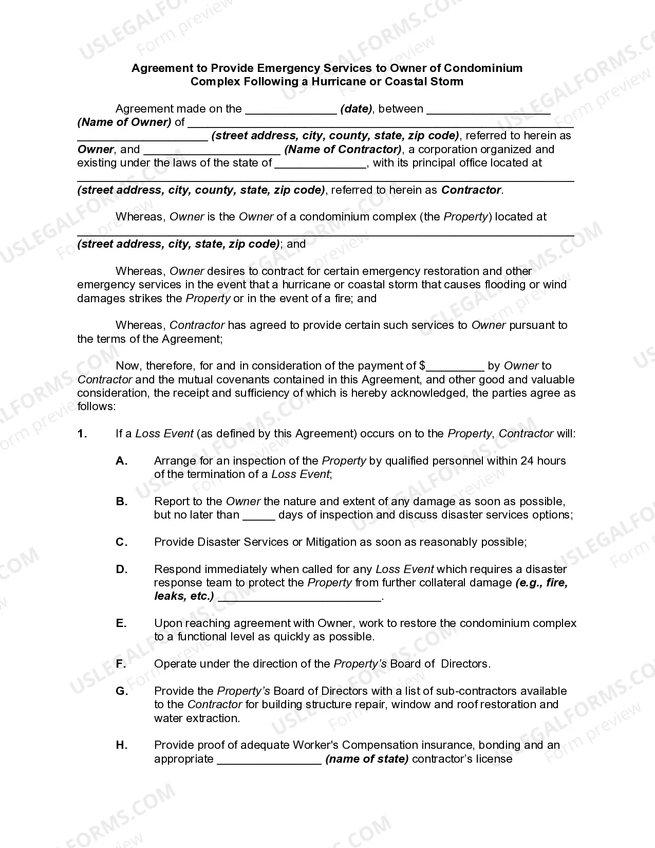 Agreement to Provide Emergency Services to Owner of Condominium Complex Following a Hurricane or Coastal Storm Thumbnail