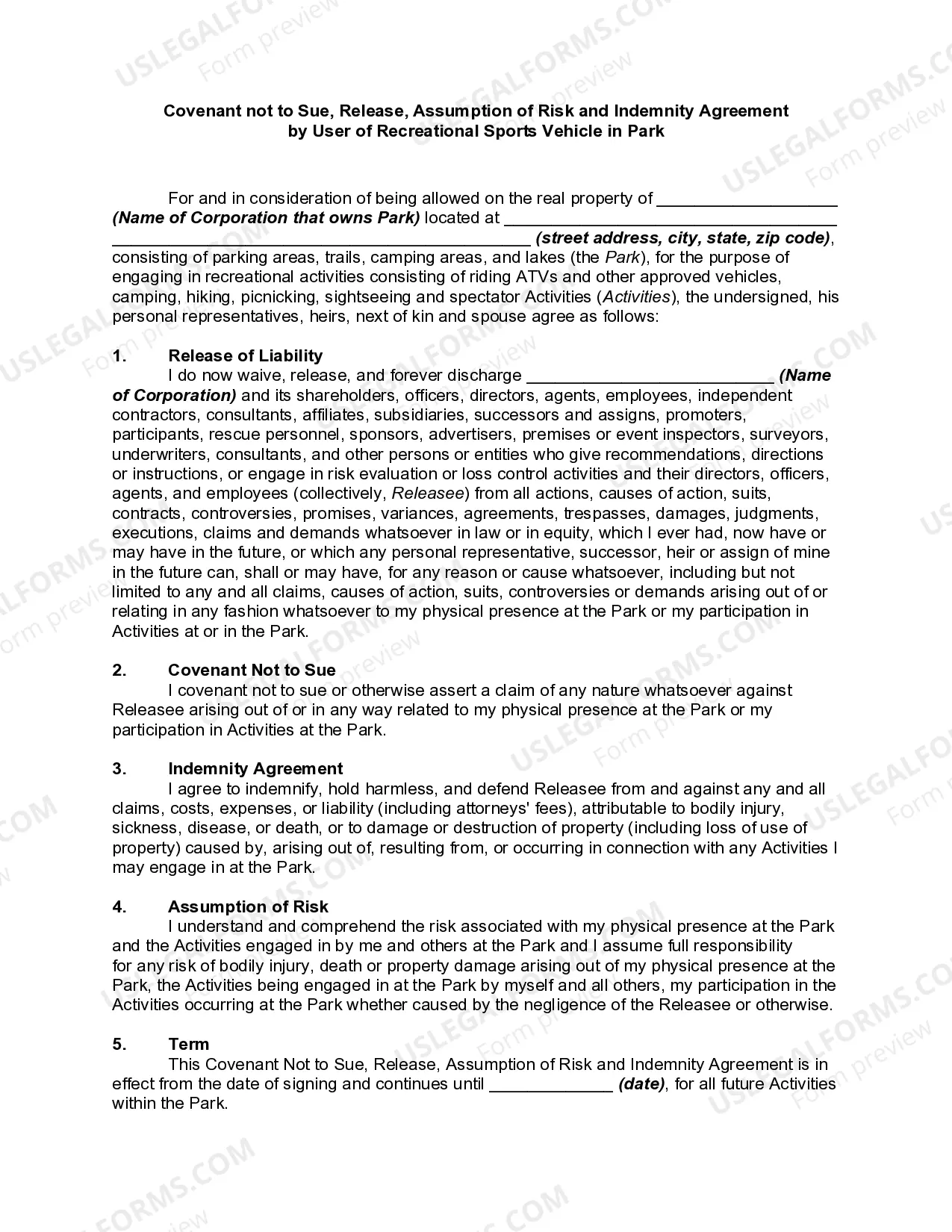 Covenant not to Sue, Release, Assumption of Risk and Indemnity Agreement by User of Recreational Sports Vehicle in Park Thumbnail