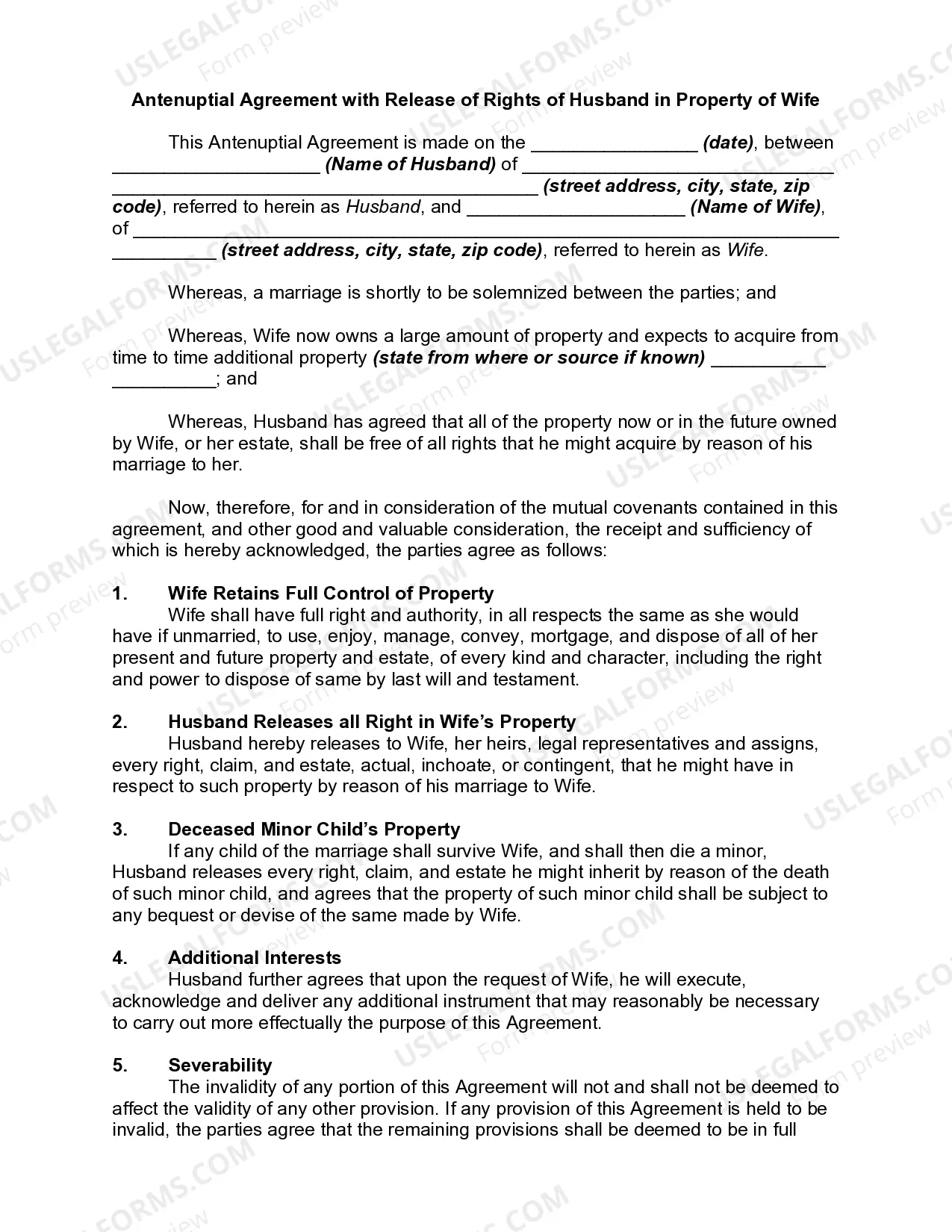 Antenuptial or Prenuptial Agreement with Release of Rights of Husband in Property of Wife Thumbnail