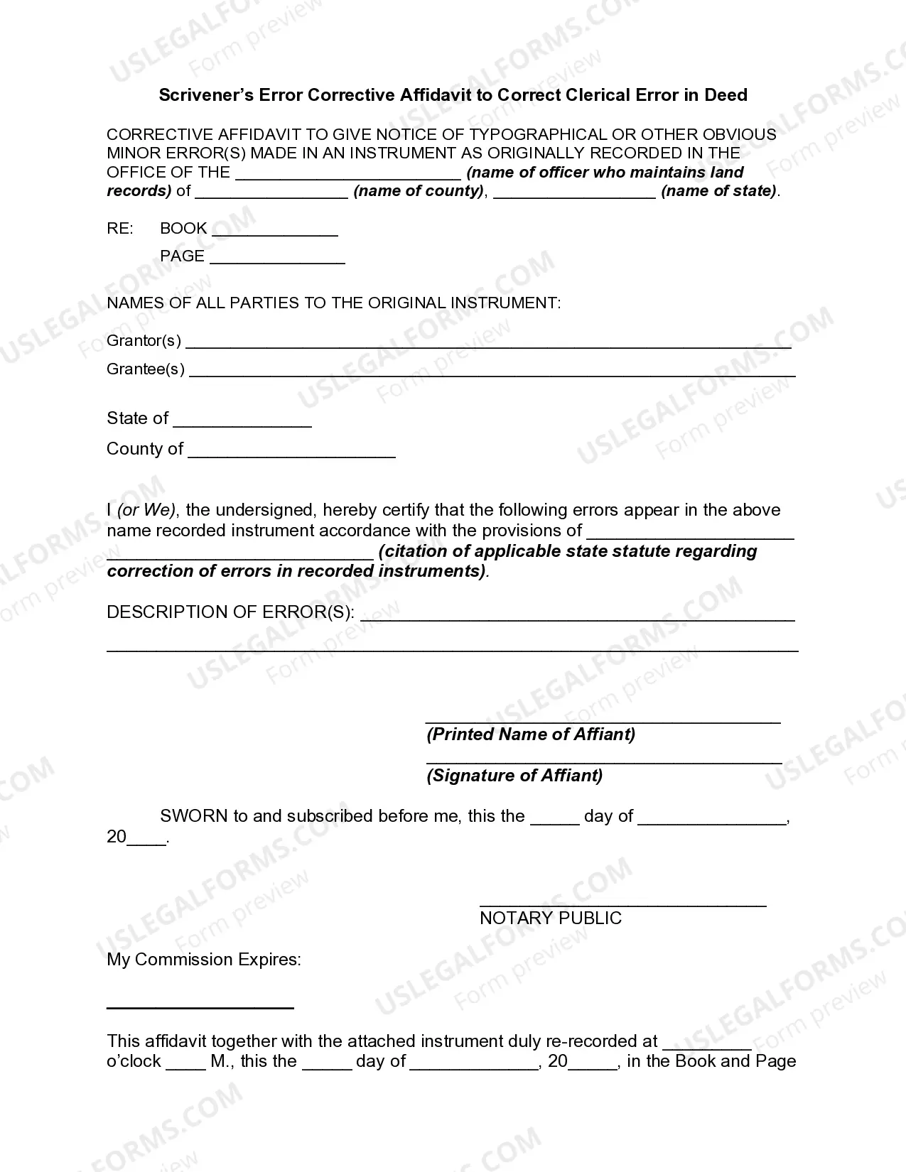 Scrivener's Error Corrective Affidavit to Correct Clerical Error in Deed Thumbnail