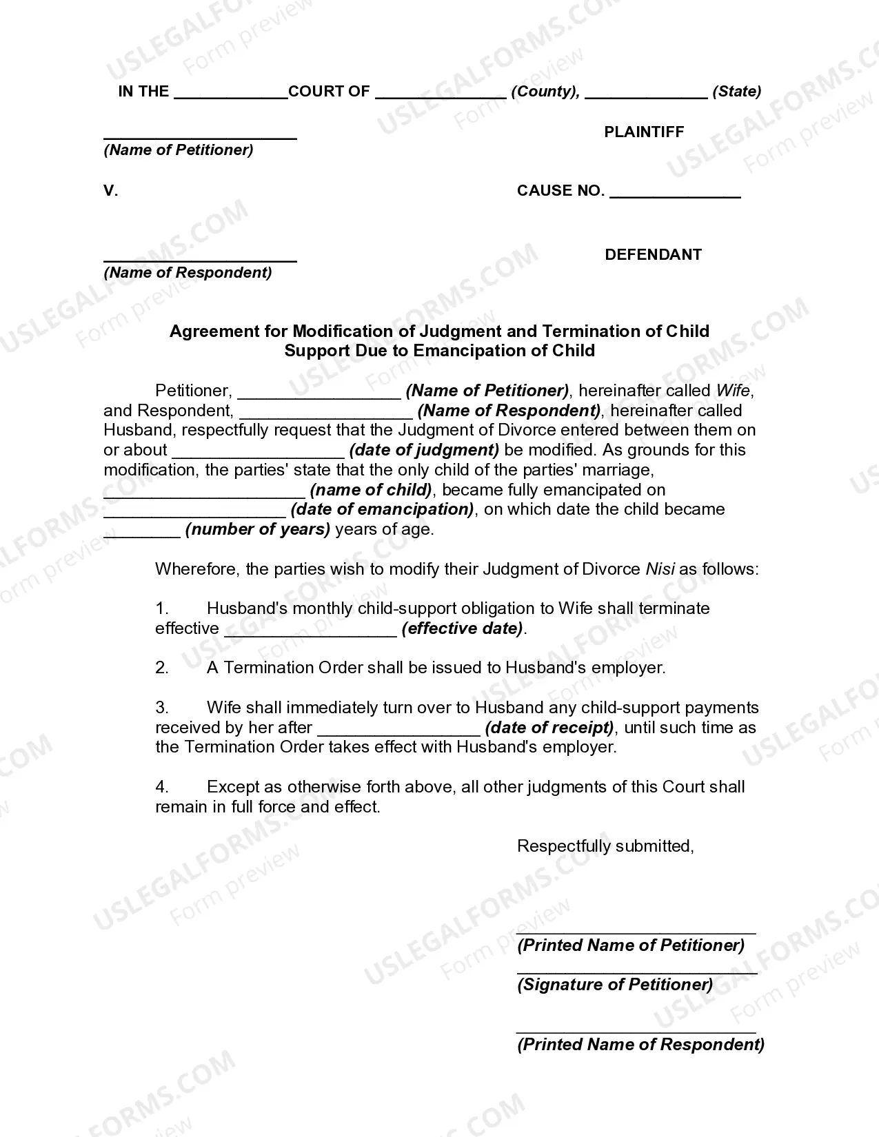 Agreement for Modification of Judgment and Termination of Child Support Thumbnail