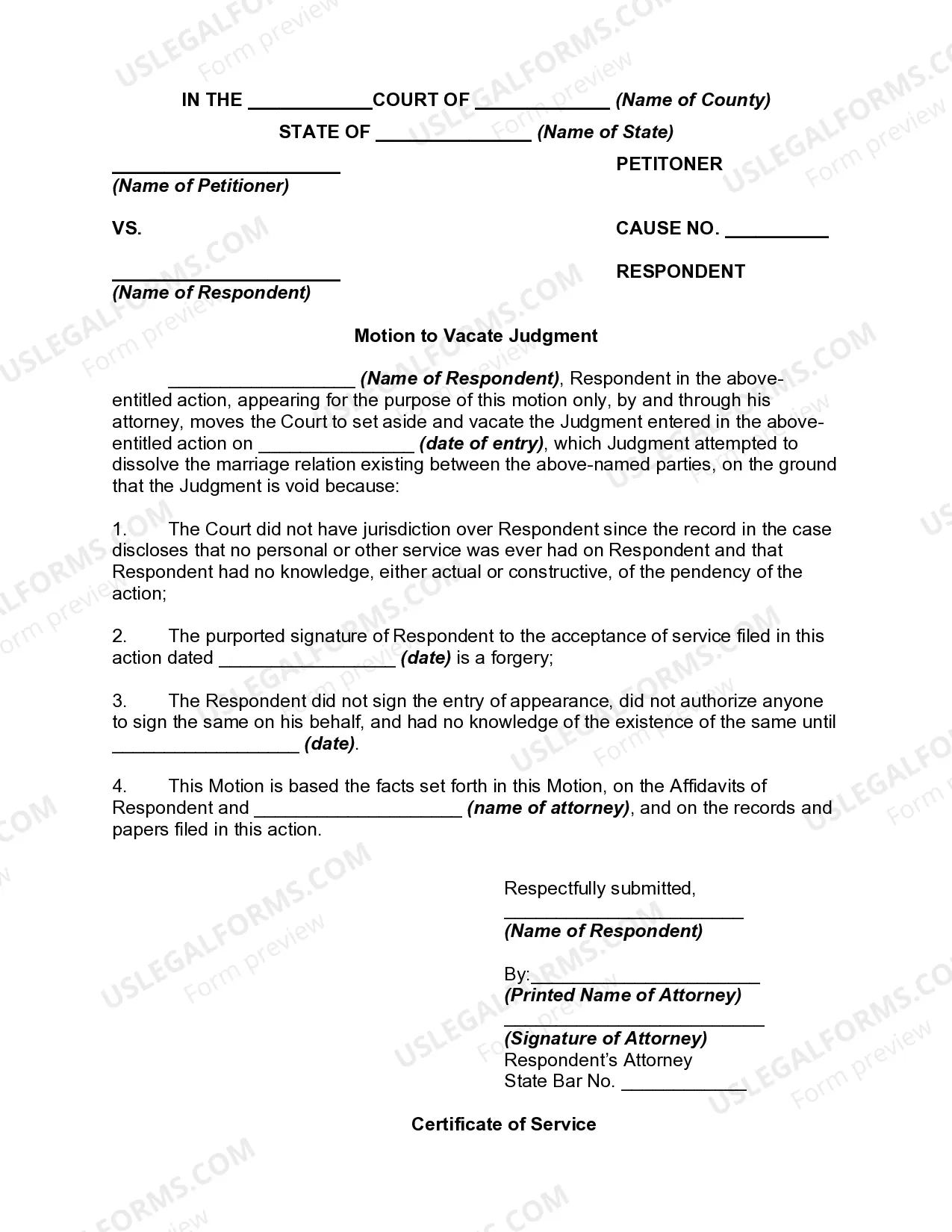 Motion to Vacate or Nullify Divorce Decree for Lack of Jurisdiction - No Service of Process - Signature of Respondent on Acceptance Forged Thumbnail