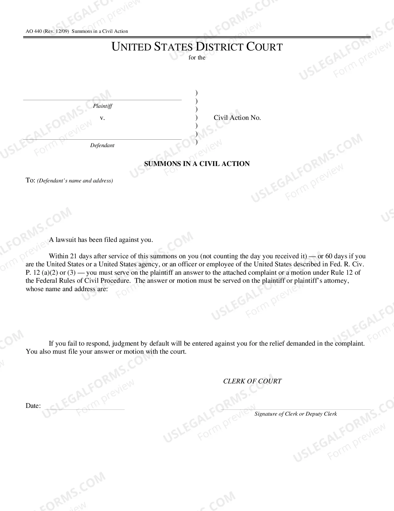 Federal Court Summons or Service of Process Thumbnail