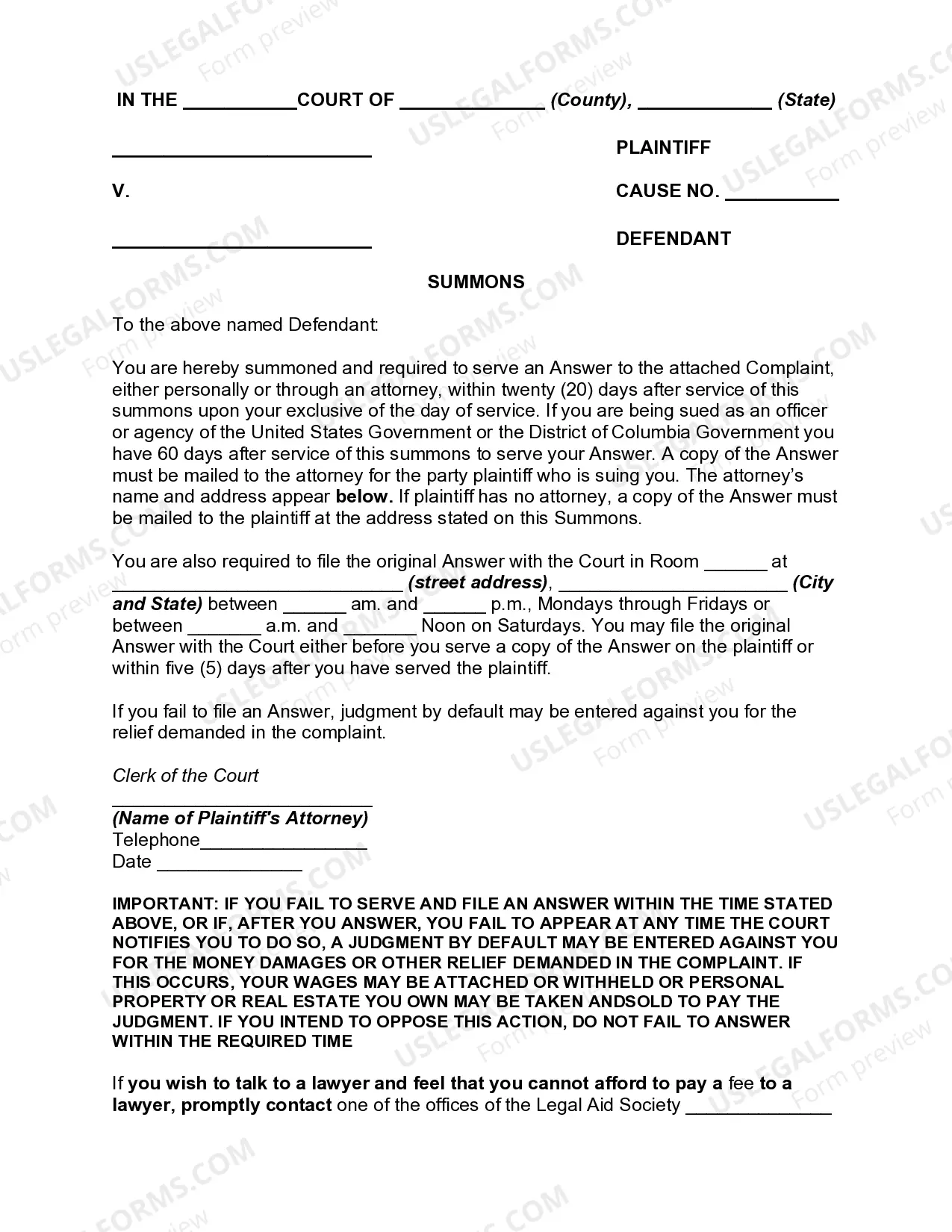 State Court Summons or Service of Process Thumbnail