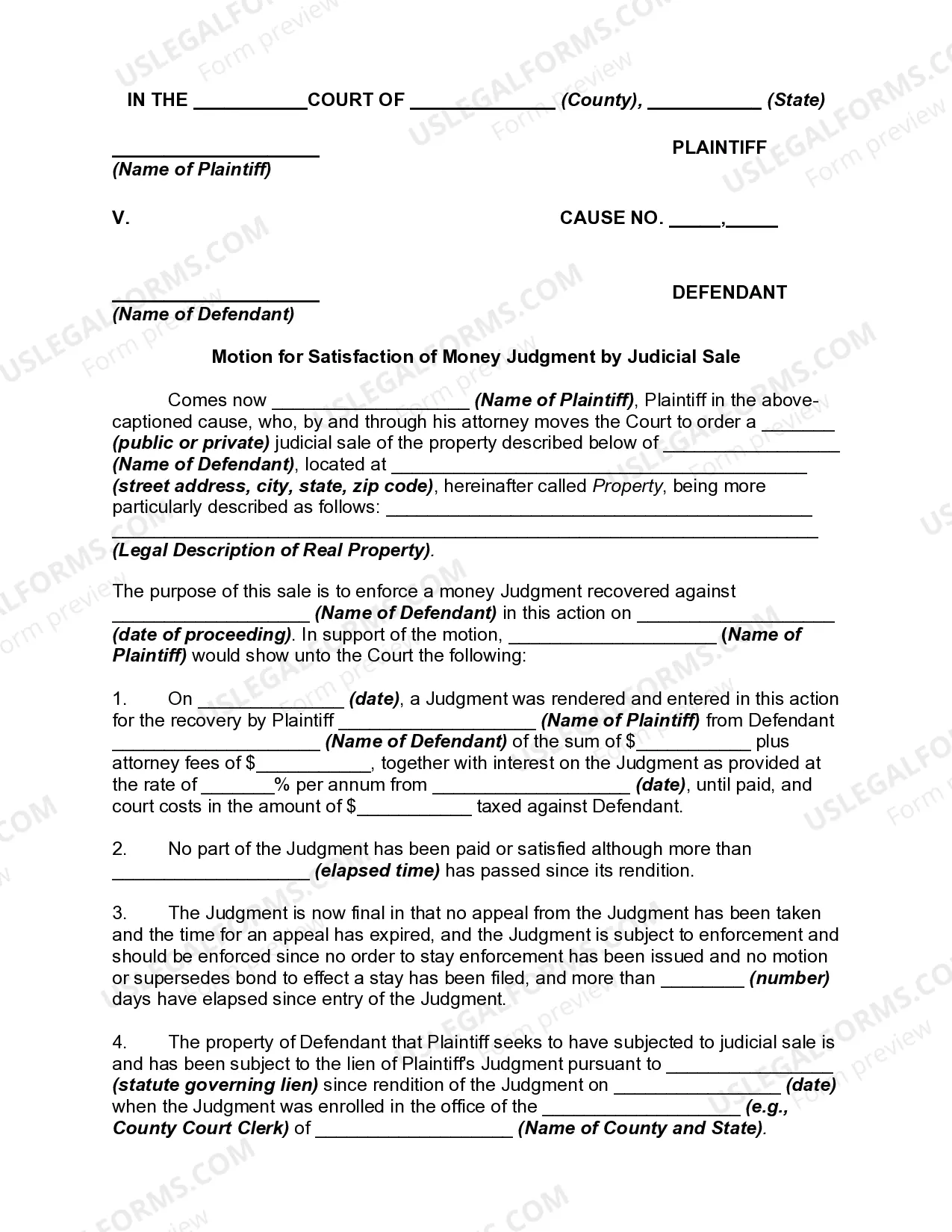 Motion for Satisfaction of Money Judgment by Judicial Sale Thumbnail