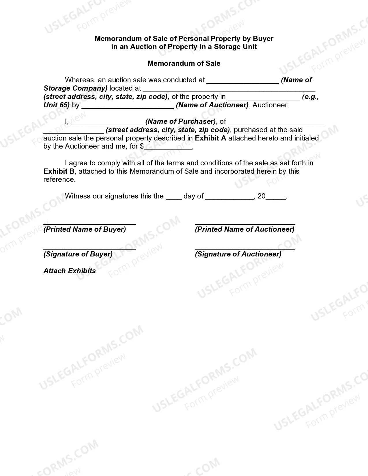Memorandum of Sale of Personal Property by Buyer in an Auction of Property in a Storage Unit Thumbnail