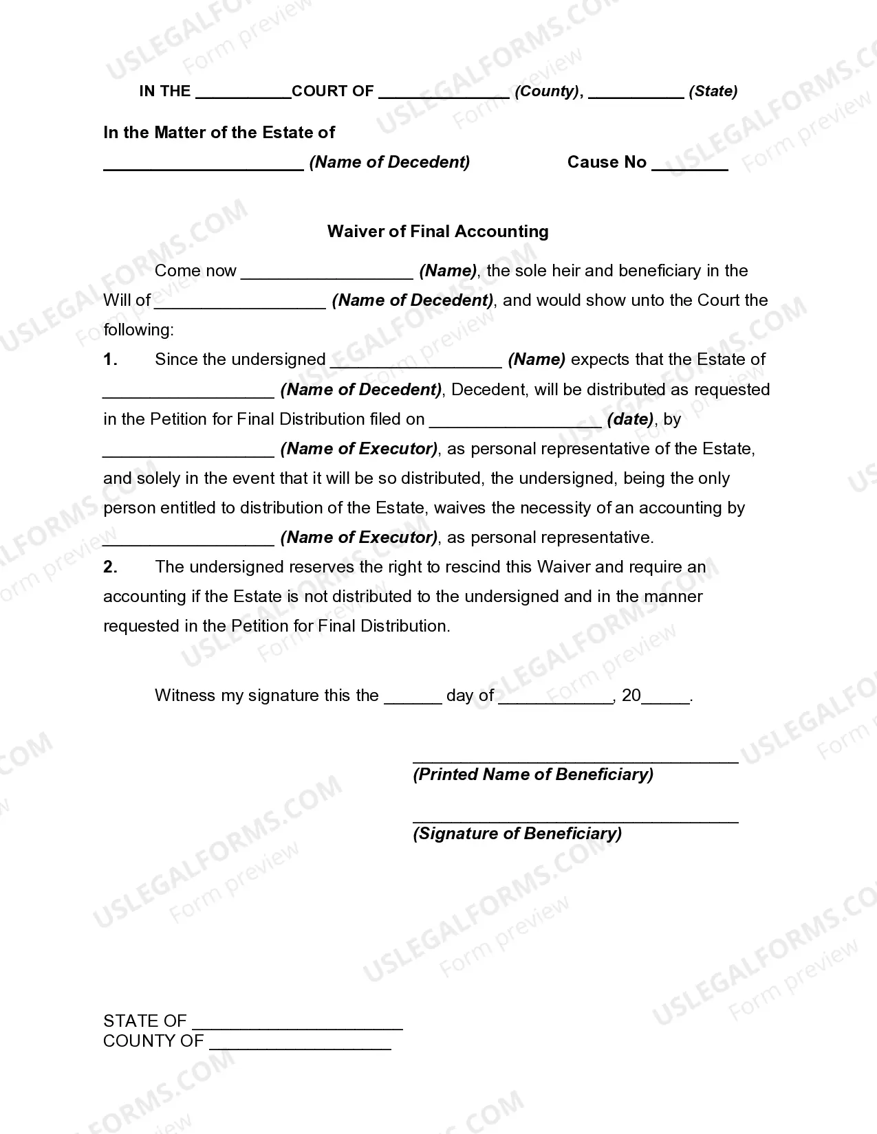 Waiver of Final Accounting by Sole Beneficiary Thumbnail