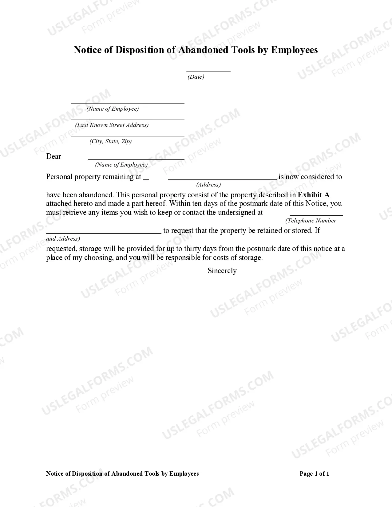 Notice of Disposition of Abandoned Tools by Employees Thumbnail