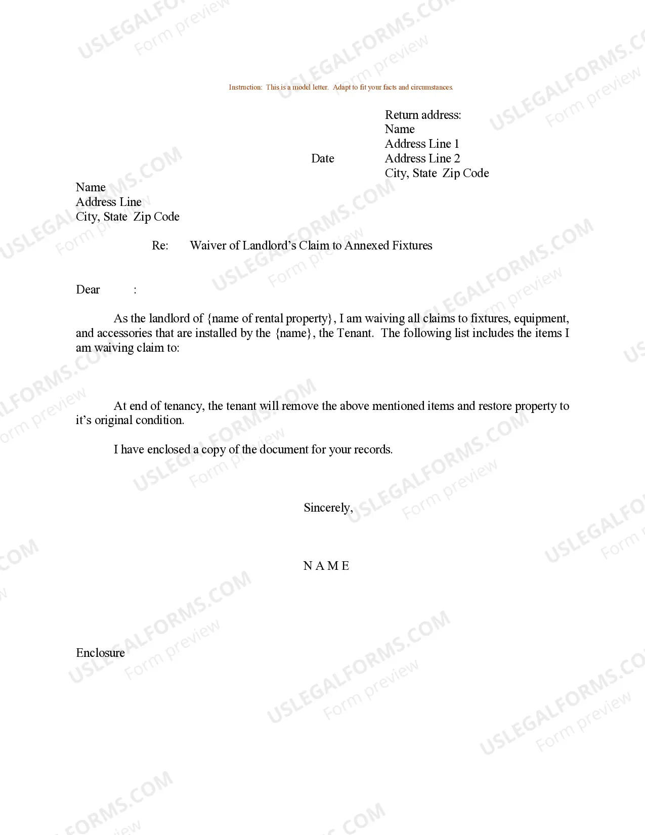 Sample Letter for Waiver of Landlord's Claim to Annexed Fixtures Thumbnail