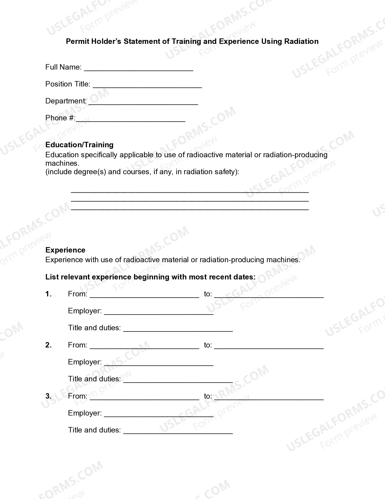 Permit Holder's Statement of Training and Experience Using Radiation Thumbnail