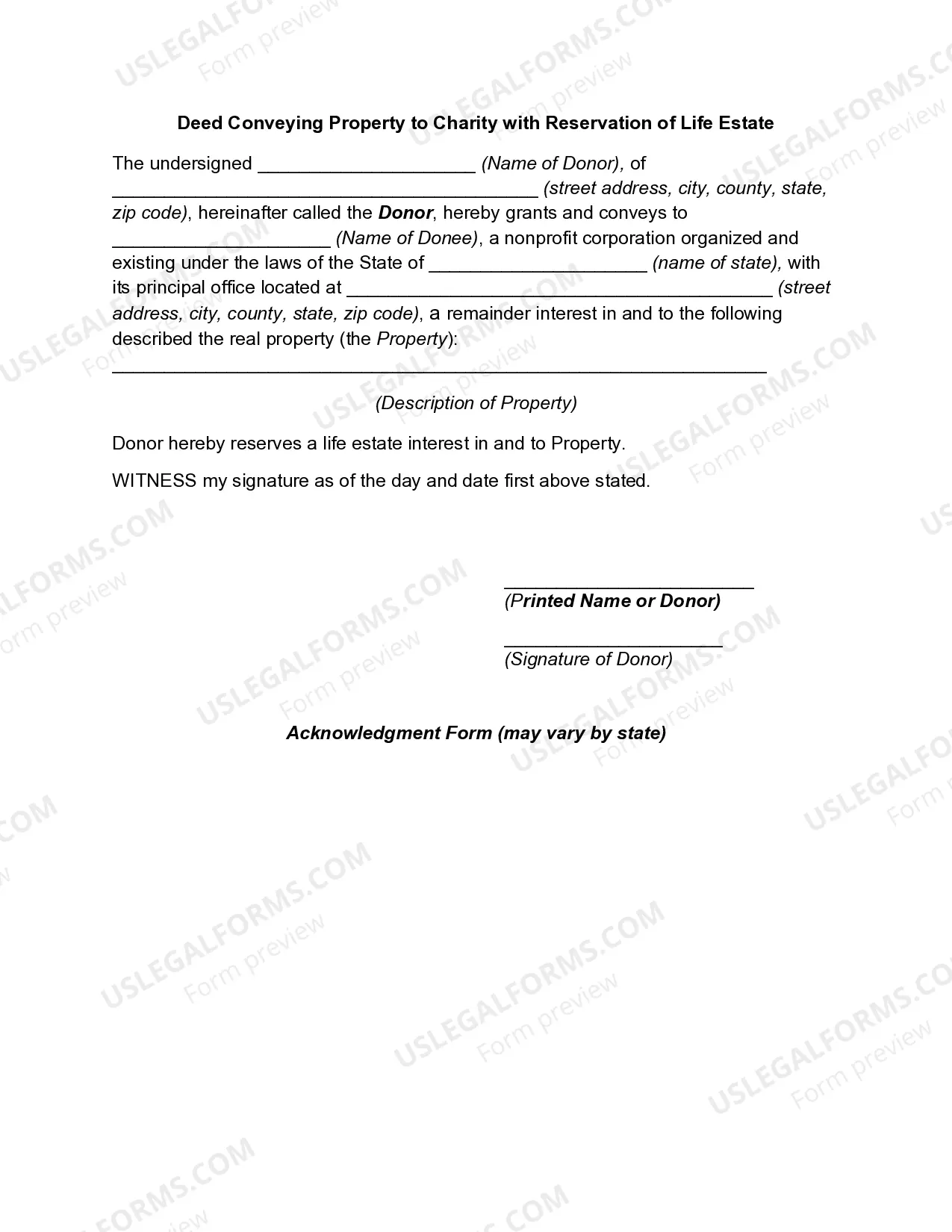 Deed Conveying Property to Charity with Reservation of Life Estate Thumbnail
