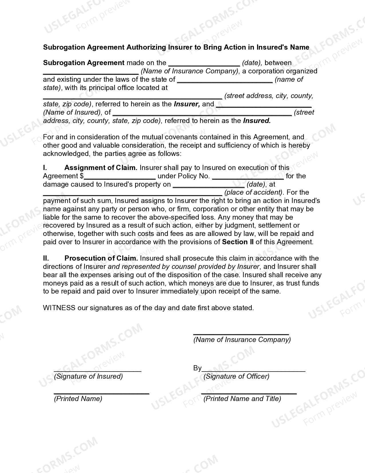 Subrogation Agreement Authorizing Insurer to Bring Action in Insured's Name Thumbnail