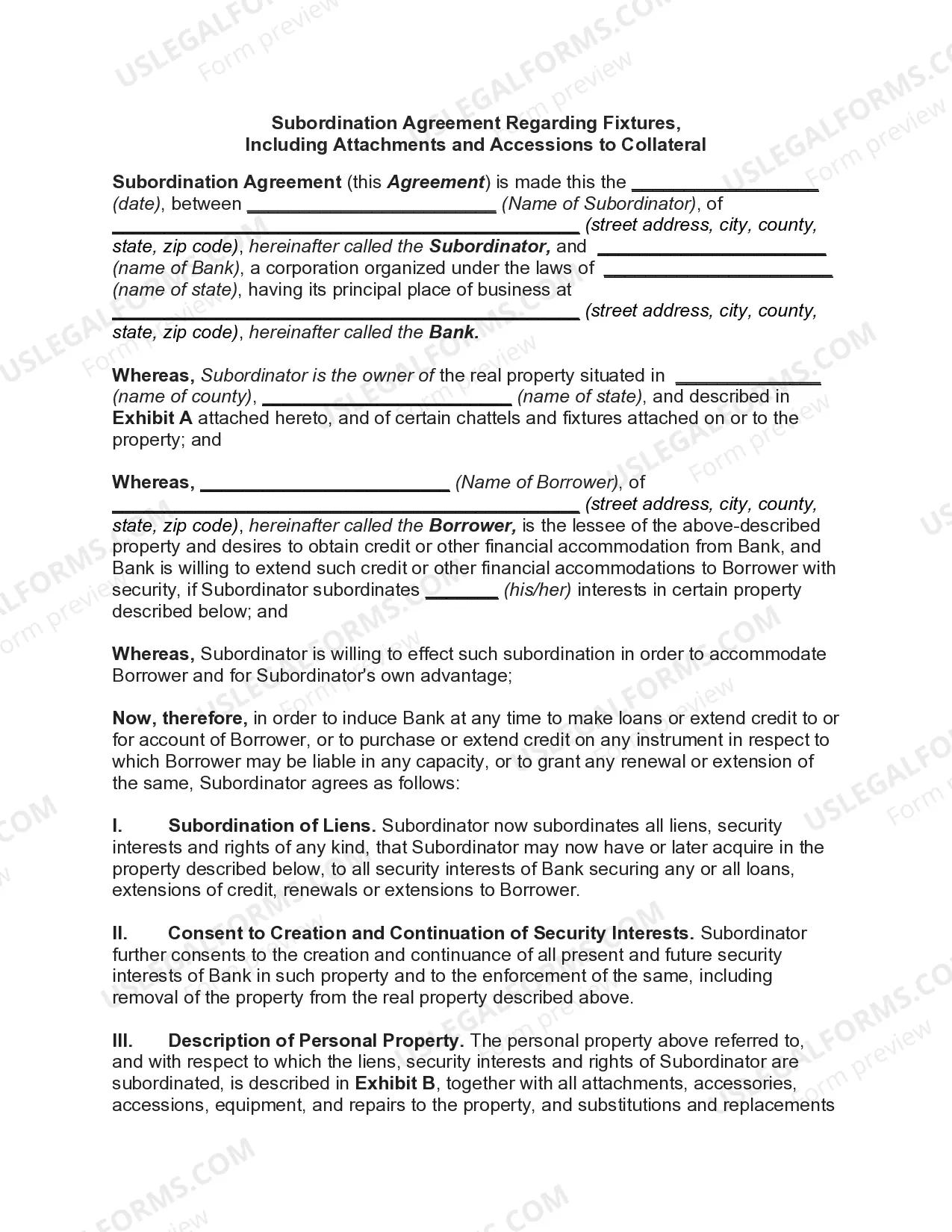 Subordination Agreement Regarding Fixtures Thumbnail