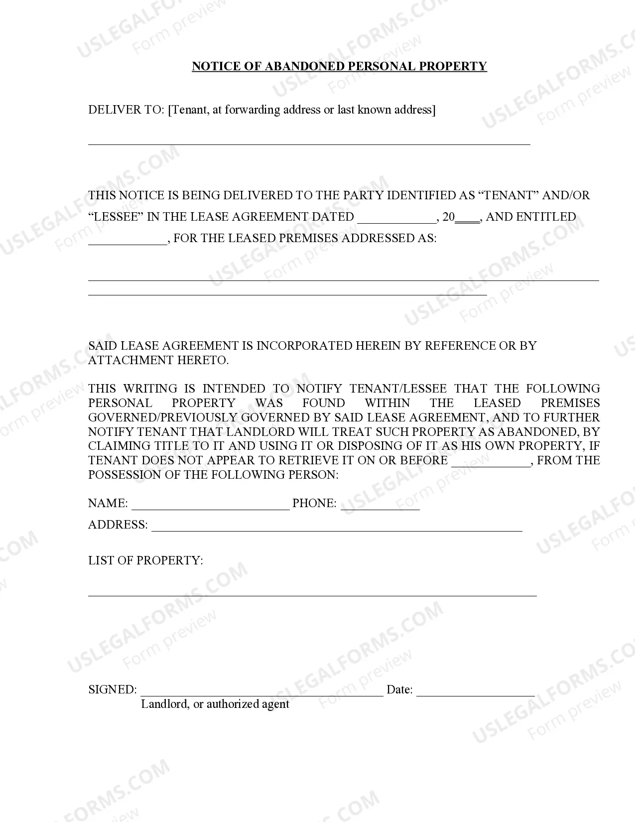 Letter from Landlord to Tenant as Notice of Abandoned Personal Property Thumbnail