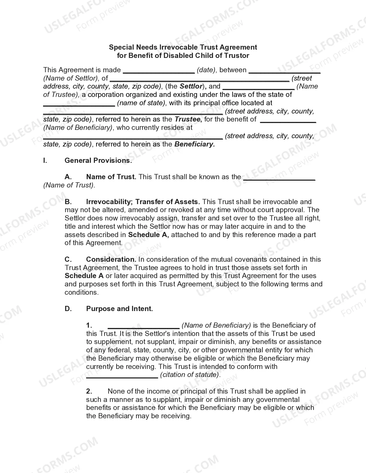 Special Needs Irrevocable Trust Agreement for Benefit of Disabled Child of Trustor Thumbnail