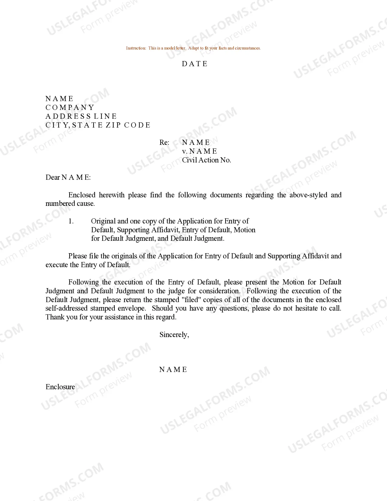 Sample Letter concerning Original and one Copy of the Application for Entry of Default Thumbnail