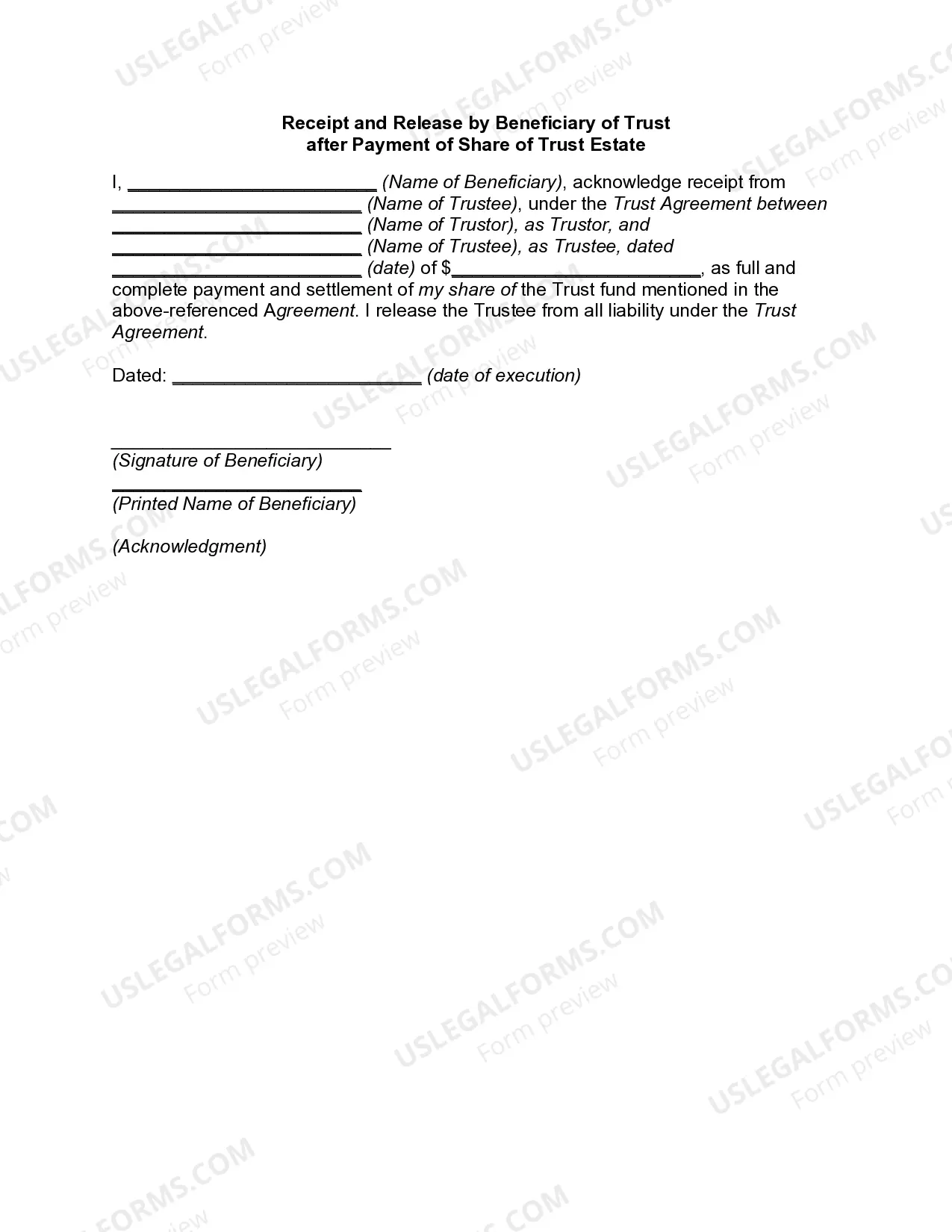 Receipt and Release by Beneficiary of Trust after Payment of Share of Trust Estate Thumbnail